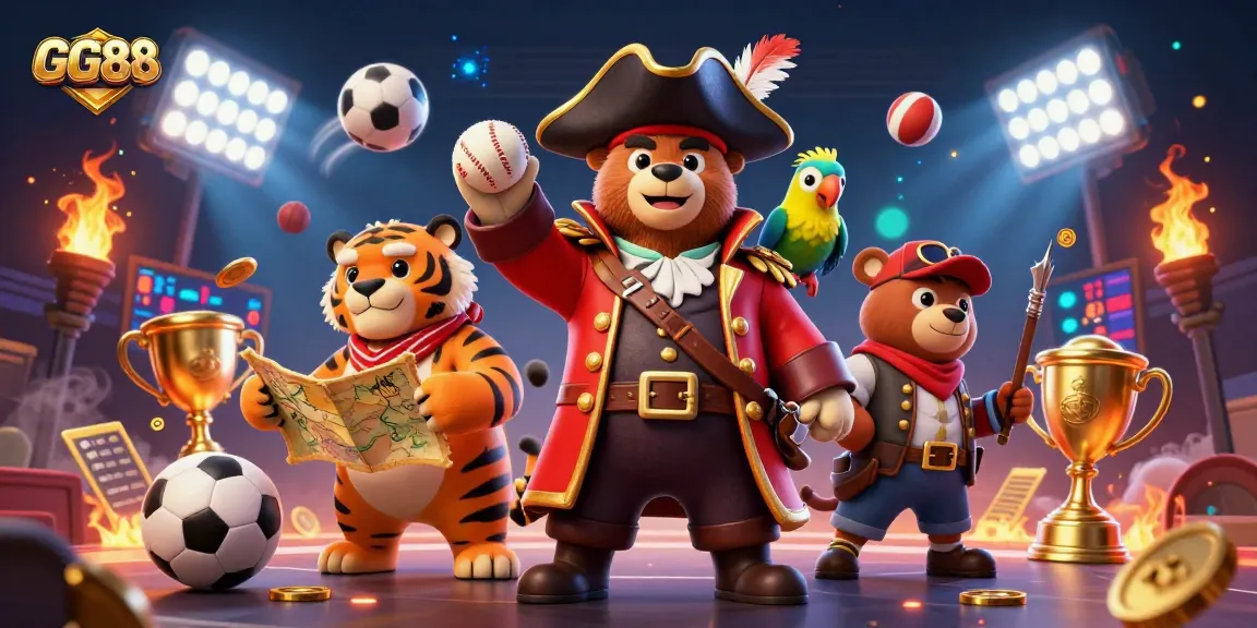 Experience GG88 with a dynamic 3D casino scene featuring a pirate bear and sports elements.