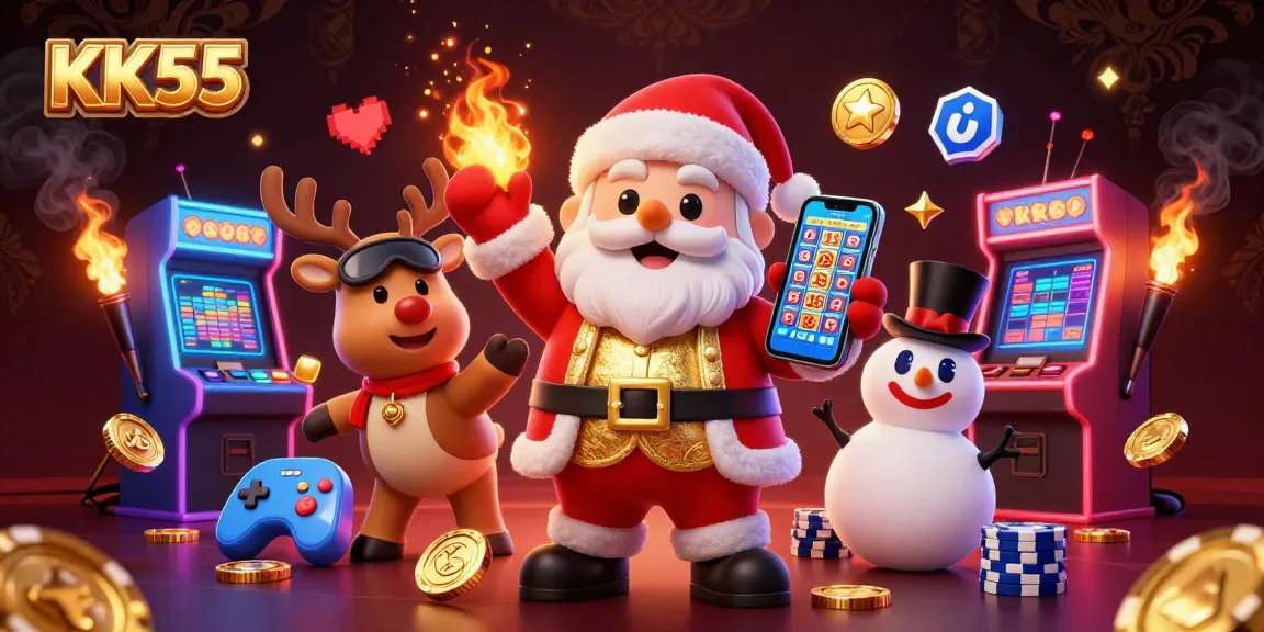 Spin the slots at KK55 with Santa, a reindeer dealer, and a poker chip snowman!