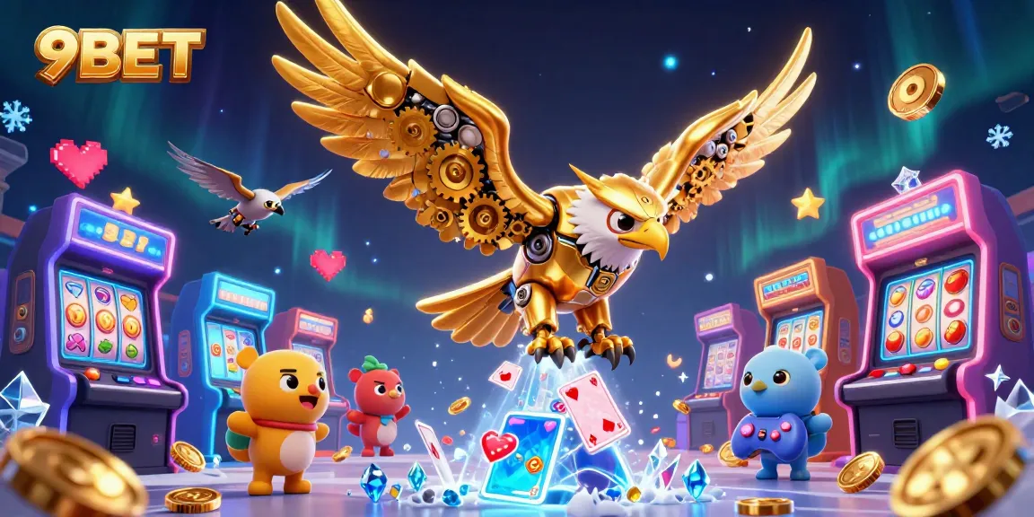 Experience thrilling gaming with the 9BET casino illustration featuring a golden eagle amidst vibrant slot machines.