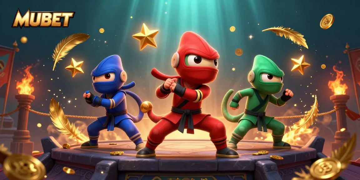 MUBET action scene featuring ninja chameleons, golden coins, and smoke effects in a vibrant casino theme.
