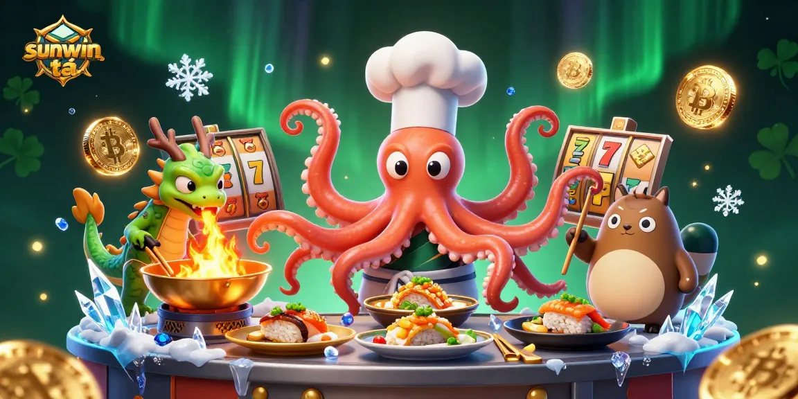 Experience thrilling games at sunwin tải, featuring a dynamic 3D illustration of an octopus chef and friends!