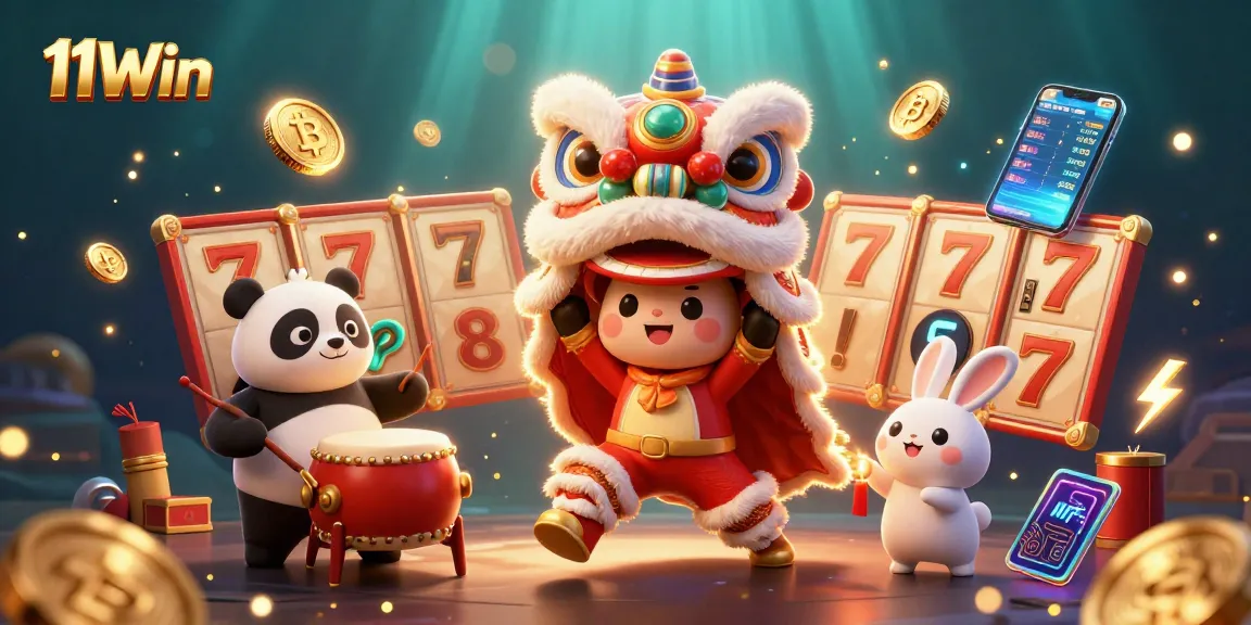 Experience exciting casino action with 11Win's vibrant lion dance and slot games, featuring eye-catching characters.