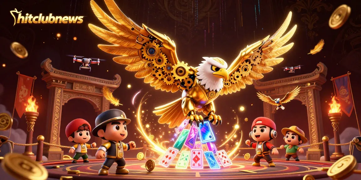 Hitclubnews showcases a cybernetic eagle amidst a vibrant casino scene, diving through playing cards and gold coins.