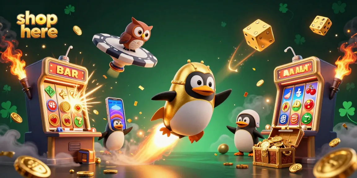 Shop here: Enjoy vibrant casino action with a golden penguin amidst exploding jackpots.