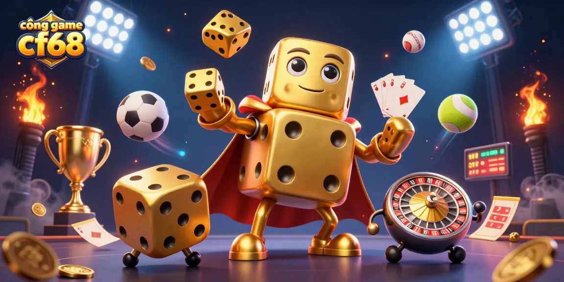 Cổng game CF68 showcases a vibrant casino scene with a golden dice golem and dynamic sports elements around.