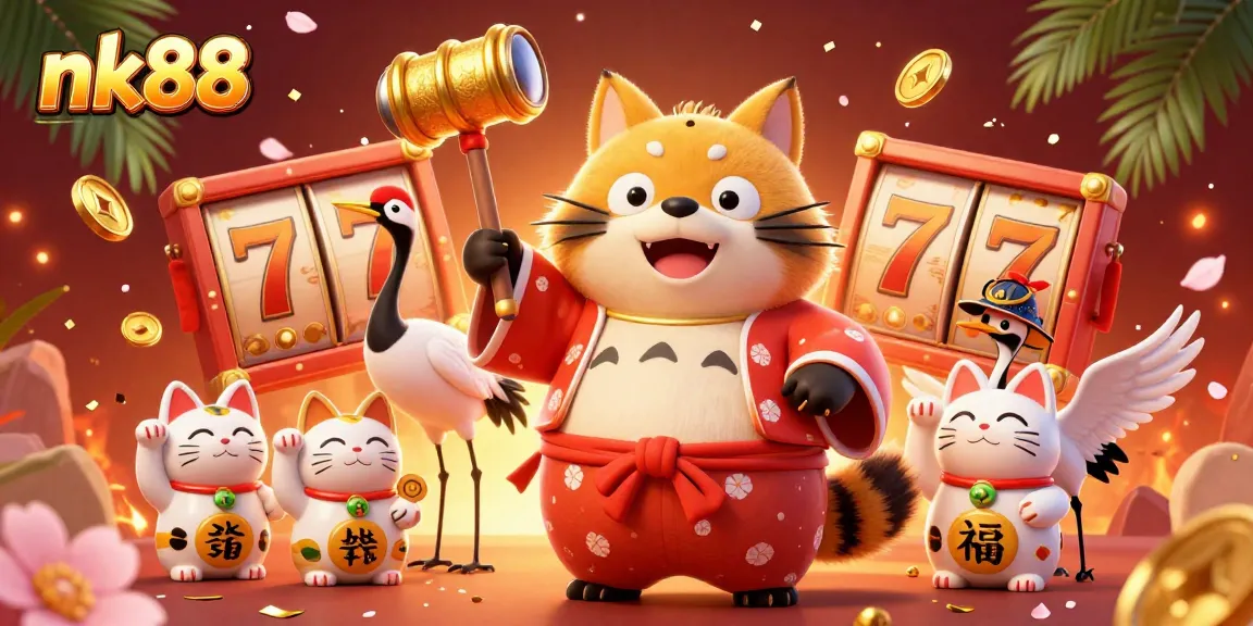 Experience exciting wins at nk88 with cheerful tanuki and lucky fortune cats in a vibrant casino illustration.