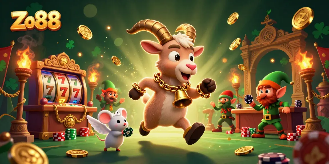 Experience thrilling gaming action with Zo88 in a festive casino scene featuring a Krampus goat and mischievous gremlins.