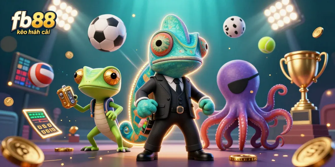 Bettors analyze fb88 kèo nhà cái in a dynamic 3D casino scene with sports elements, showcasing vibrant energy.