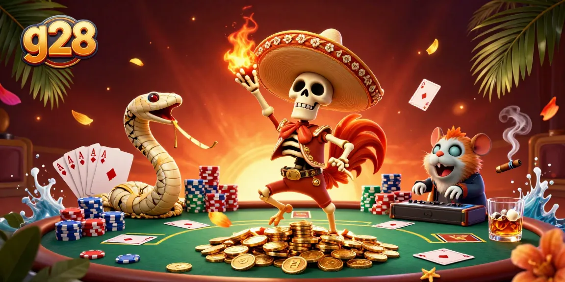 Experience thrilling g28 actions with a cartoon skeleton mariachi rooster celebrating alongside casino elements.