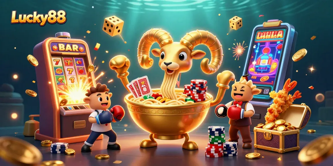 Spin to win on Lucky88 as a giant ramen bowl deals cards amidst a vibrant casino explosion.