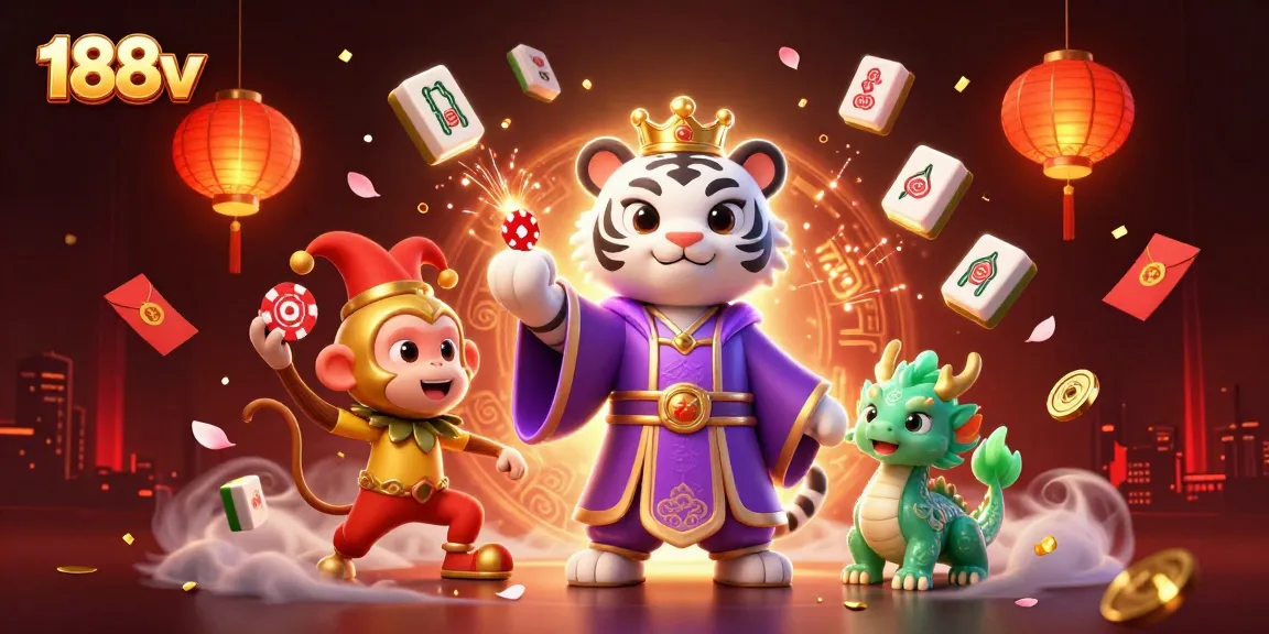 Engage with vibrant 188v casino games featuring a mystical tiger, playful monkey, and jade dragon.