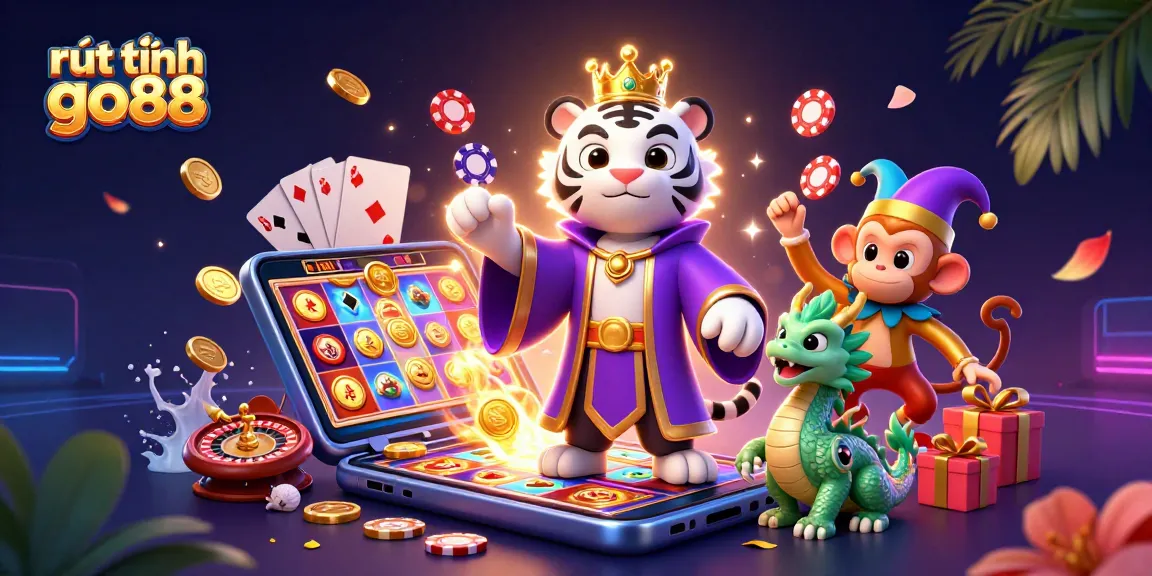 Experience rút tiền go88 with a vibrant 3D casino art featuring slot games, poker elements, and playful characters.