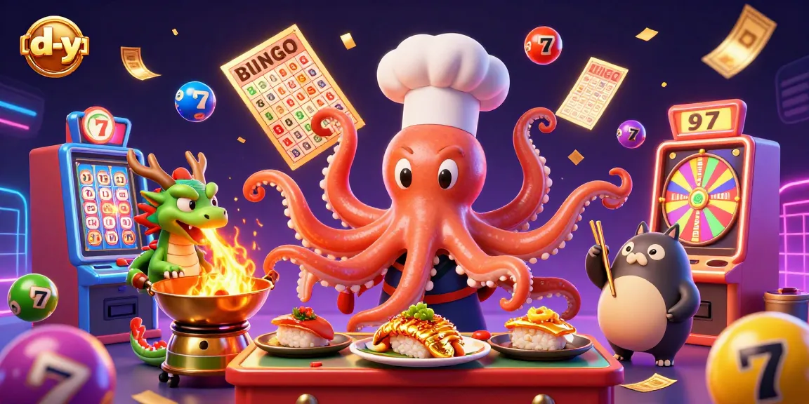 Engage with d-y's vibrant gambling scene featuring an octopus chef and lottery elements.