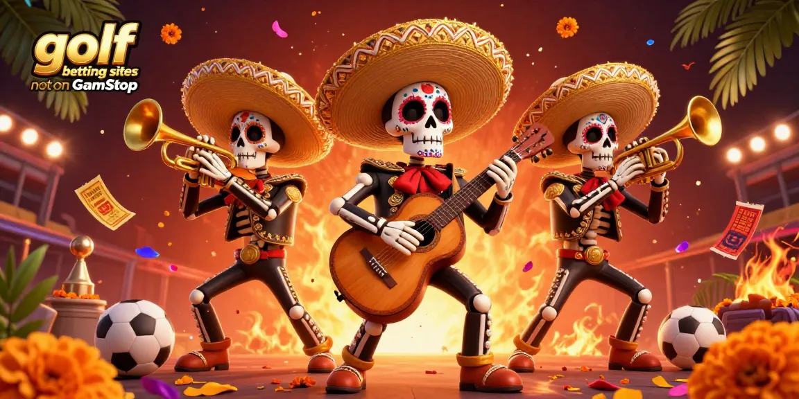 Bet on golf betting sites not on GamStop with this vibrant 3D illustration of sports-themed mariachi characters.