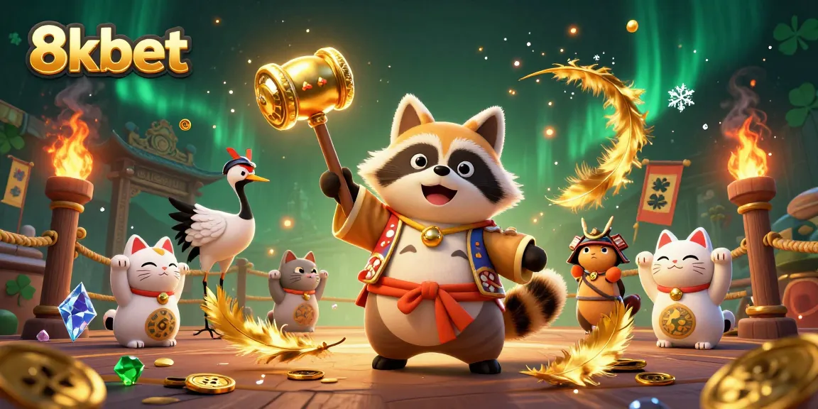 Experience thrilling 8xbet casino action with a cheerful tanuki and fortune cats in a vibrant festive scene.
