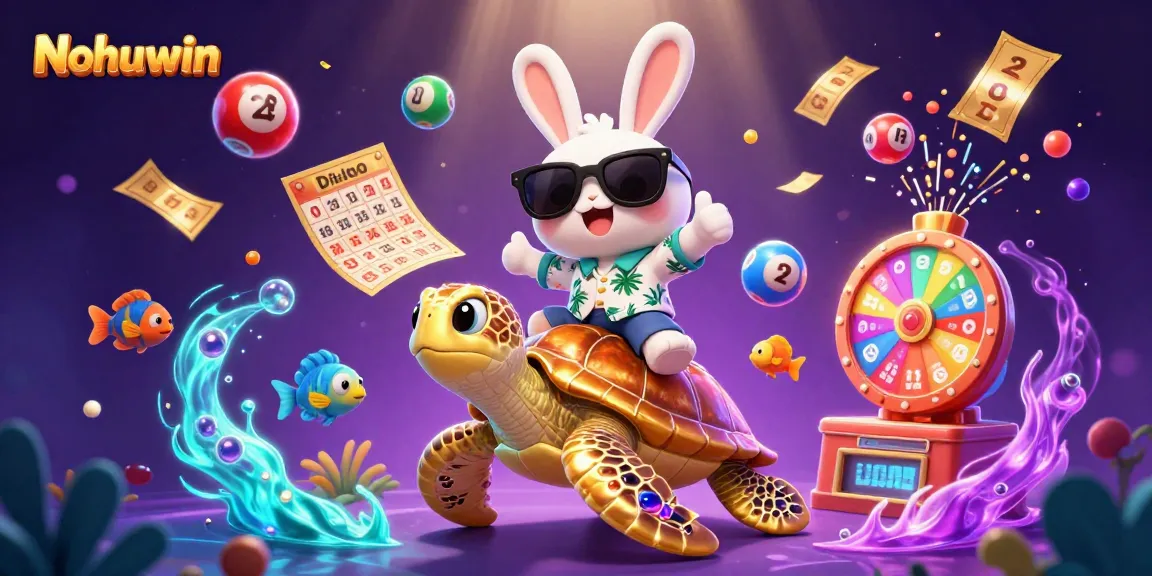 Nohuwin game scene featuring a lucky rabbit and golden turtle amidst colorful lottery elements and dynamic effects.
