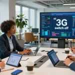 Team discussing o2 3g switch off date in modern UK office with technology.