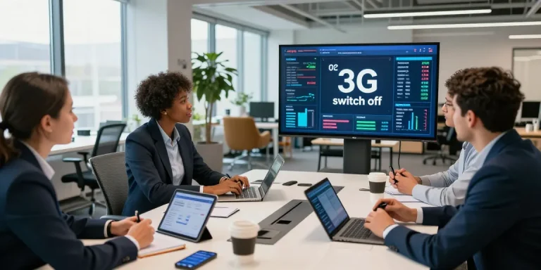 Team discussing o2 3g switch off date in modern UK office with technology.
