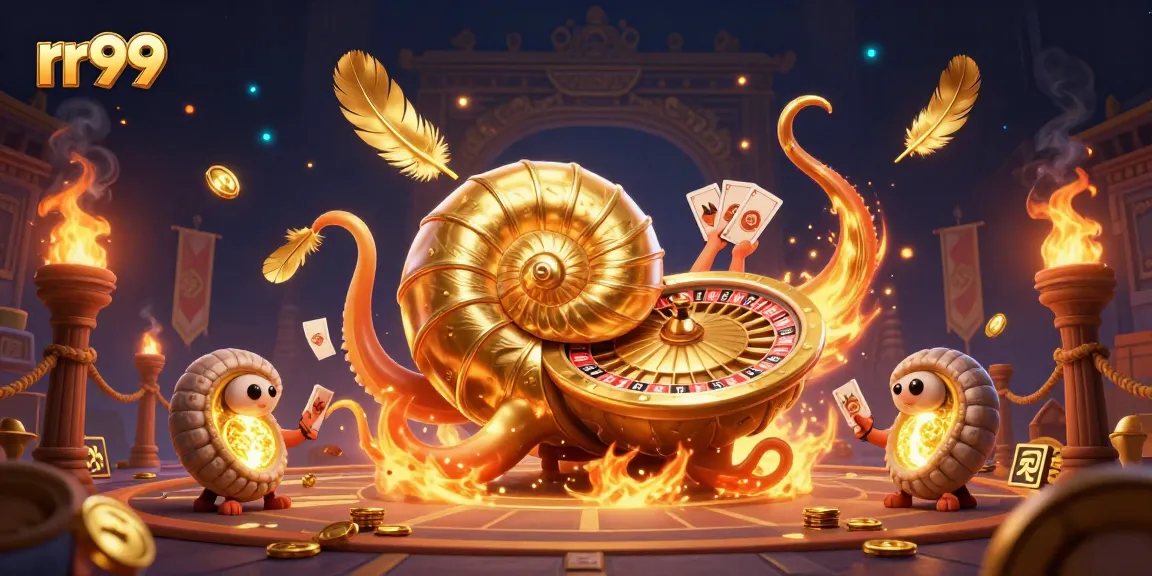 Engage with rr99's vibrant casino adventure featuring a giant nautilus and glowing ammonite companions.