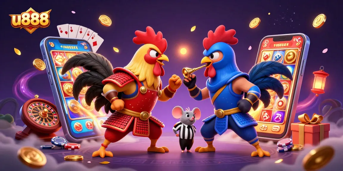 Experience exciting gameplay with u888 as cartoon roosters fight in a colorful casino environment.