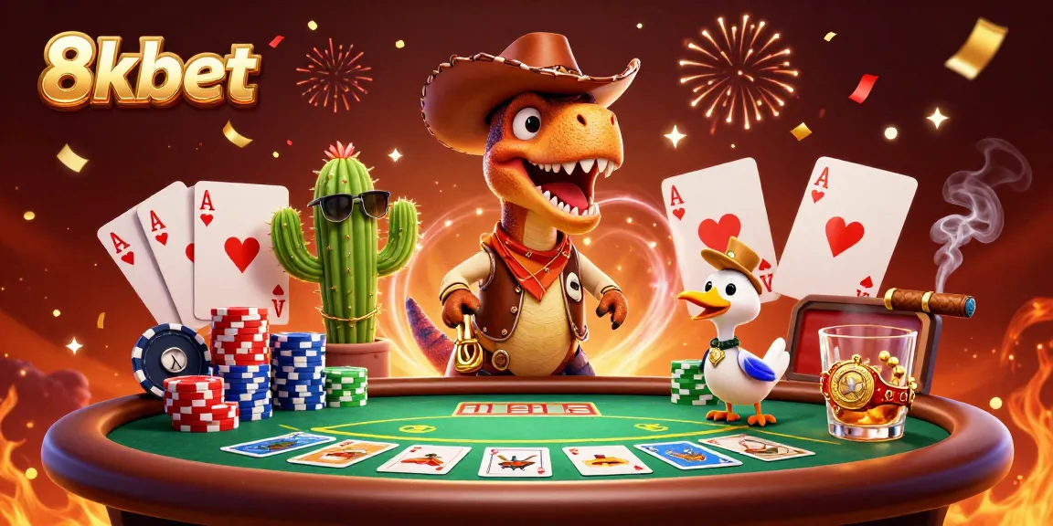 Join the exciting card game scene at 8xbet with characters playing poker surrounded by vibrant elements.