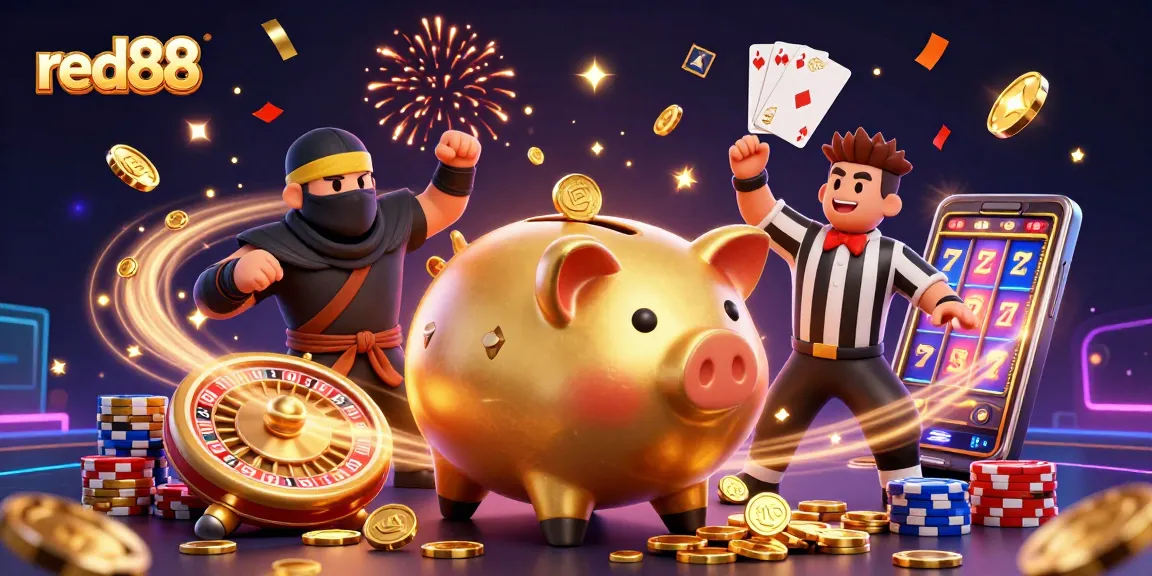 Experience the excitement of winning at red88 with a golden piggy bank sumo wrestler and vibrant casino elements.