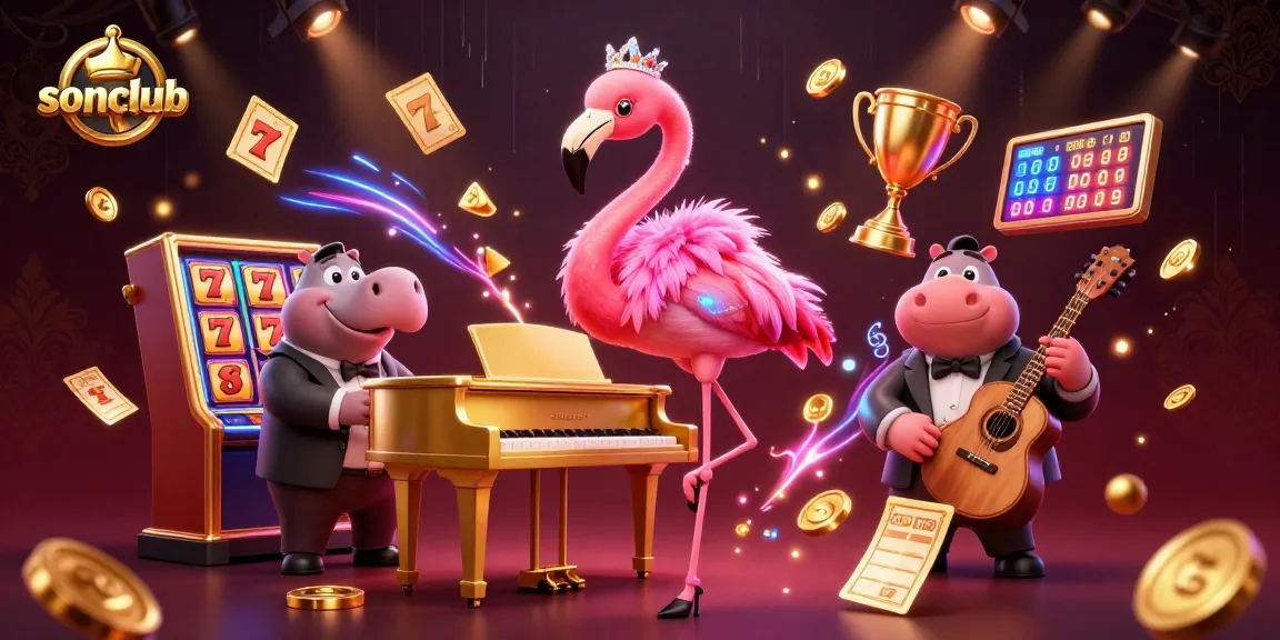 Join the fun at sonclub with vibrant slot games and gripping casino action featured in this lively illustration.