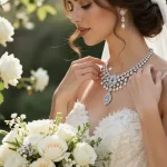 Stunning bride wearing luxury bridal jewellery in an elegant garden setting.