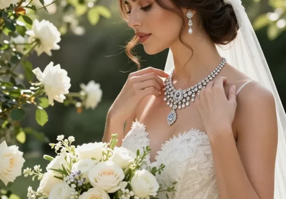 Stunning bride wearing luxury bridal jewellery in an elegant garden setting.
