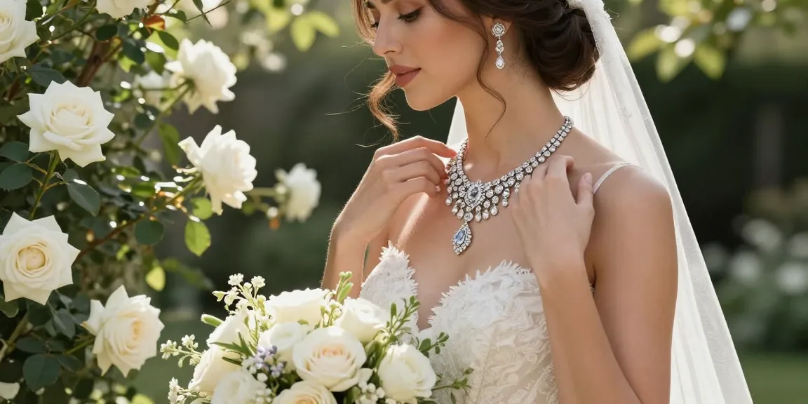 Stunning bride wearing luxury bridal jewellery in an elegant garden setting.