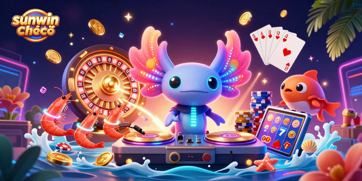 Engage with sunwin chính chủ at our vibrant casino scene featuring a neon axolotl DJ and dynamic game elements.