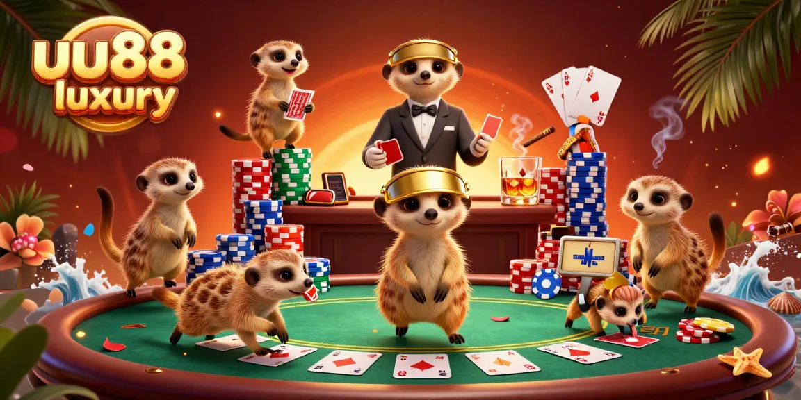 Experience the excitement of uu88 luxury casino with meerkats in a vibrant 3D scene surrounded by poker elements.