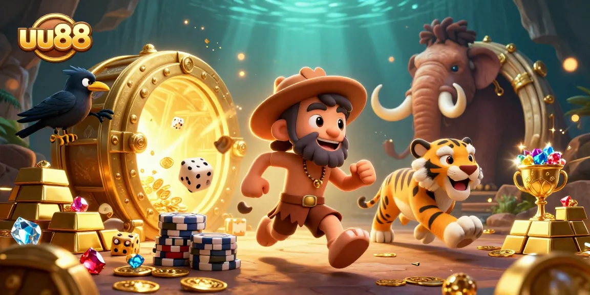 Experience the thrill of uu88 with a vibrant casino scene featuring lively characters and dynamic gold elements.