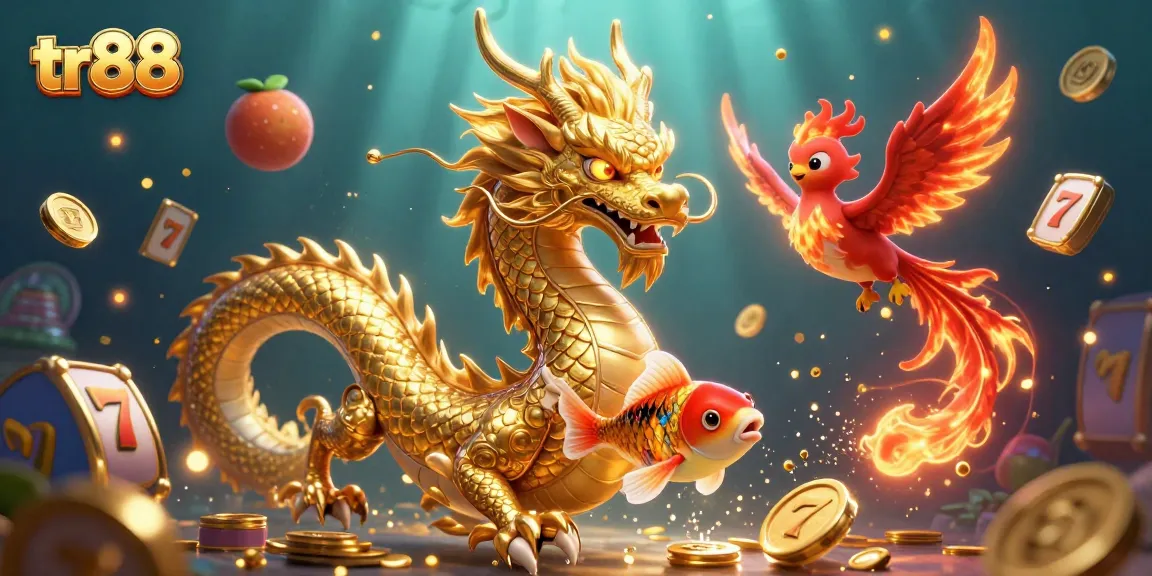 Spin and win at tr88 with an ultra-detailed 3D casino scene featuring a magical dragon and lucky koi fish.