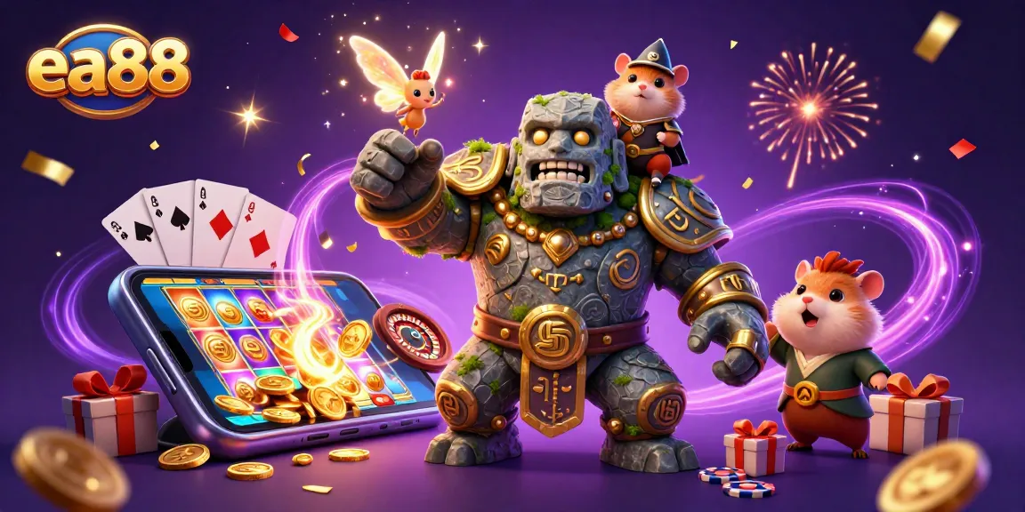 Experience the magic of ea88 with an enchanting game scene featuring a guardian golem, fairy, and hamster knight.